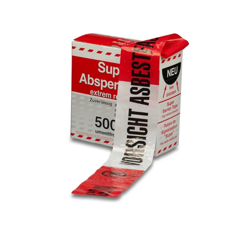 Eskorte Absperrband „Asbestfasern“ – weiß/rot/schwarz, 500 m × 8 cm | PE-Folie