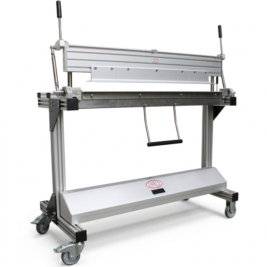 Roofify DRÄCO mobile segmented sheet metal folding machine with detachable stand and accessory storage box