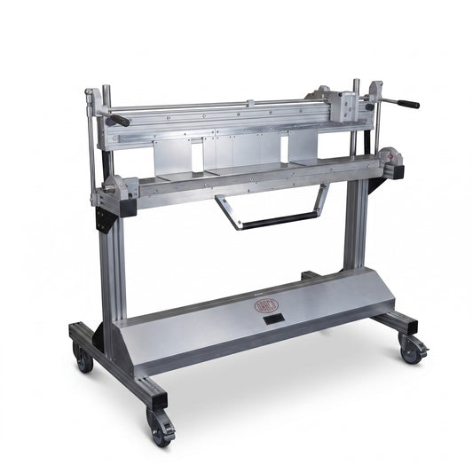 Roofify DRÄCO K1-AGNU-4 segmented metal folding machine with adjustable depth stop on a mobile stand for roofing work