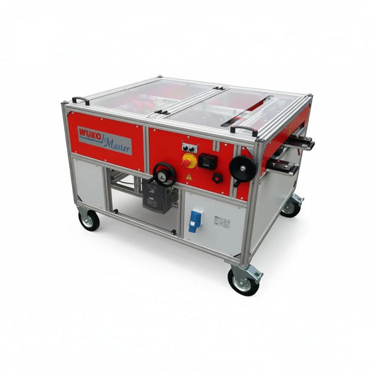 Roofify WUKO Master 0420 industrial metal profiling machine for standing seam roofing with red and silver frame.