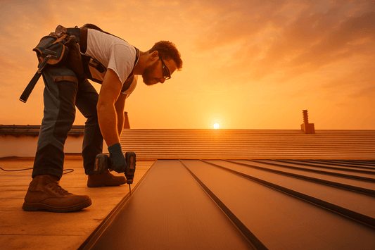 Dachdecker Gehalt - Dachdecker auf einem Stehfalz bei Sonnenaufgang (Bild KI-generiert)