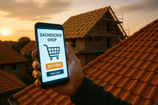 Dachdecker Shop - Hand mit Smartphone auf dem Dach (Bild KI-generiert)