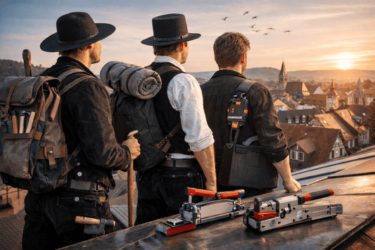 Dachhandwerker auf der Walz mit Blick in den Sonnenuntergang (Bild KI-generiert)