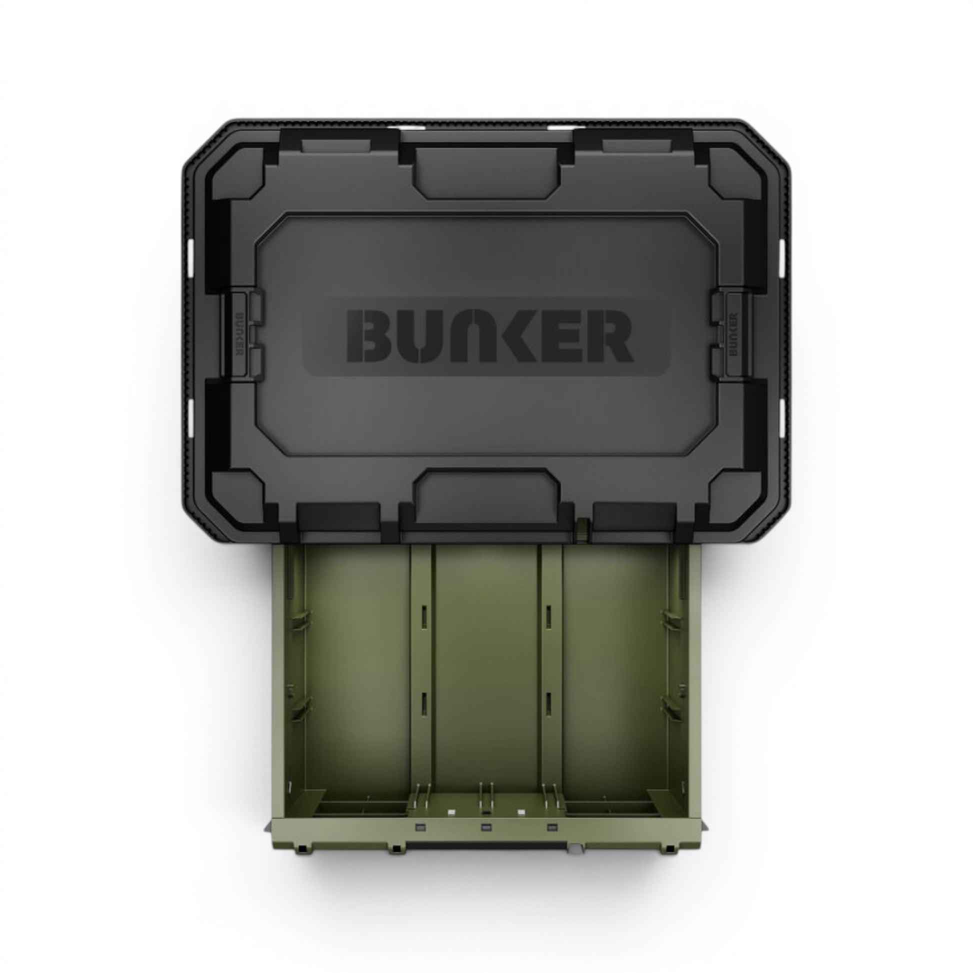 BUNKER - Load-Up Stapelbare Aufbewahrungsbox mit 2 Schubladen | 570 mm, Draufsicht geöffnet