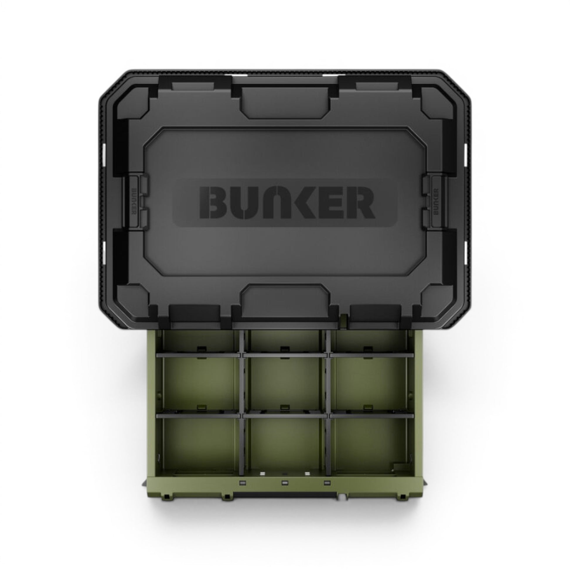 BUNKER - Load-Up Stapelbare Aufbewahrungsbox mit 2 Schubladen | 570 mm, Draufsicht geöffnet