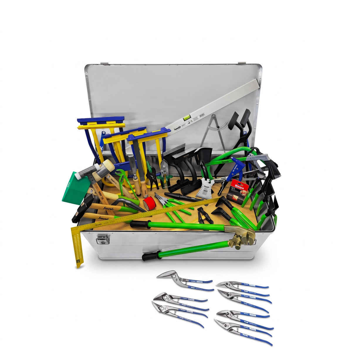 FREUND Spengler Werkzeugkiste 48-teilig Aluminium mit Werkzeugen in grauer Alu-Kiste, ideal für Spengler und Dachdecker.