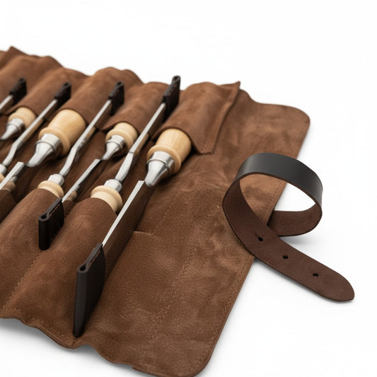 Kirschen Stechbeitelsatz 12-teilig mit Lederrolltasche geöffnet Detailansicht