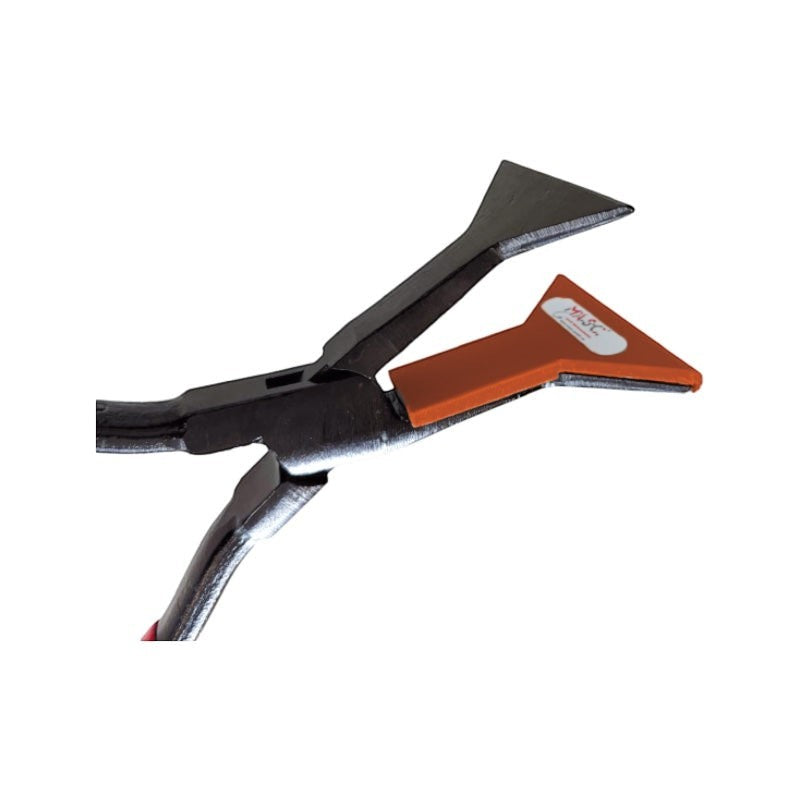 Roofify MASC magnetic radius protective jaw covers attached to a metal crimping plier for scratch-free sheet metal work