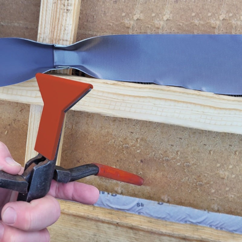 Roofify MASC radius protective jaws attached to a crimping plier, used for bending metal sheets without scratches.