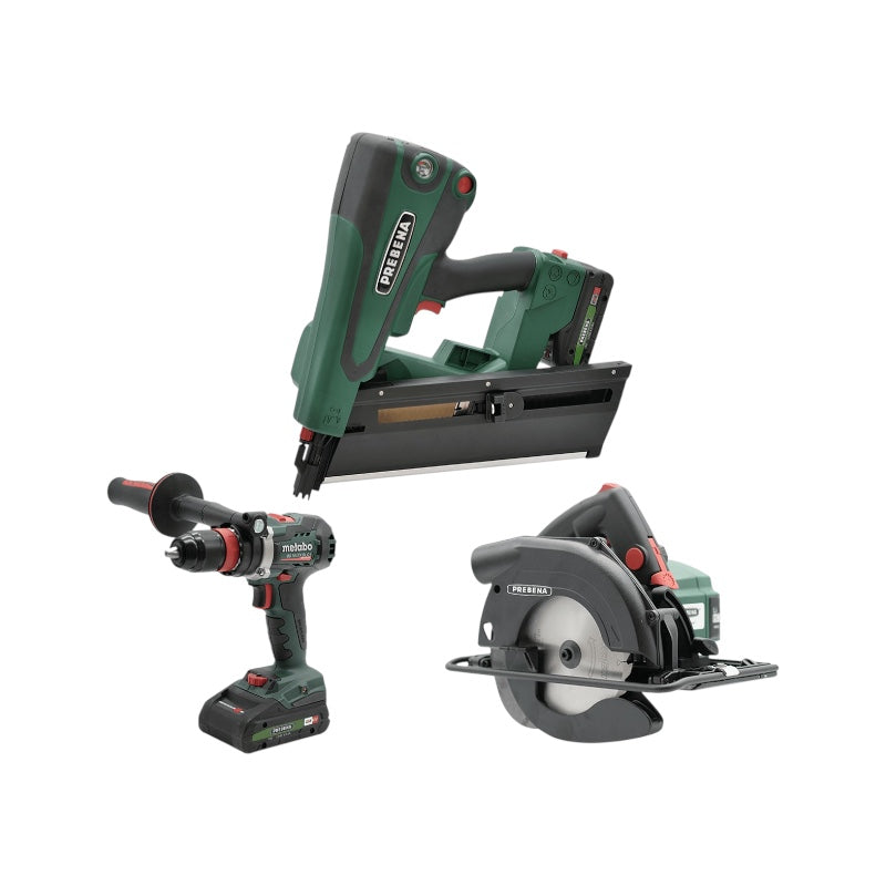 Prebena Holzbau Set PKT Hybrid-Nagler, Handkreissäge, Akku-Bohrschrauber Set