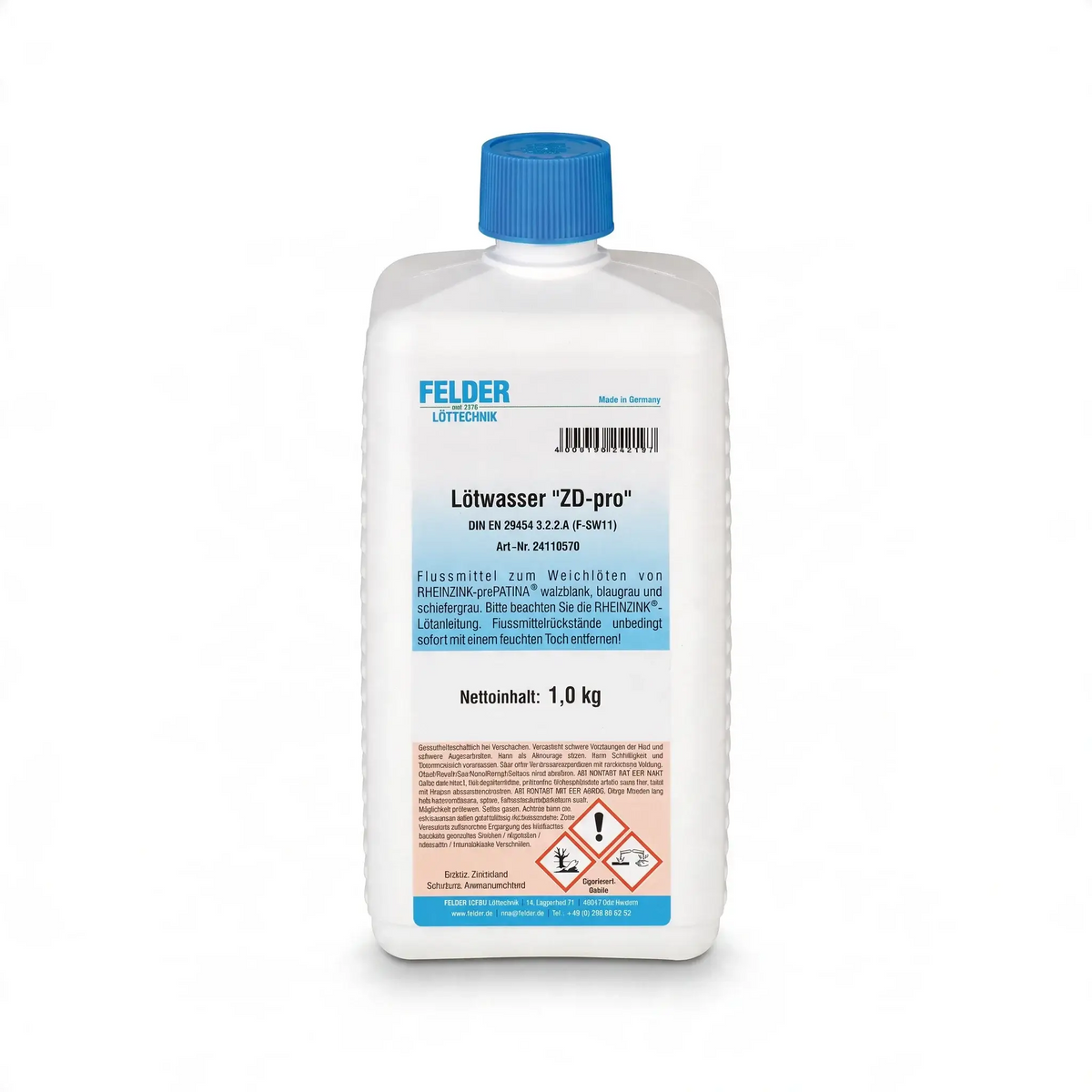 Flussmittel für patiniertes Zinkblech in einer Flasche mit 1 kg Inhalt, geeignet für Weichlötanwendungen.