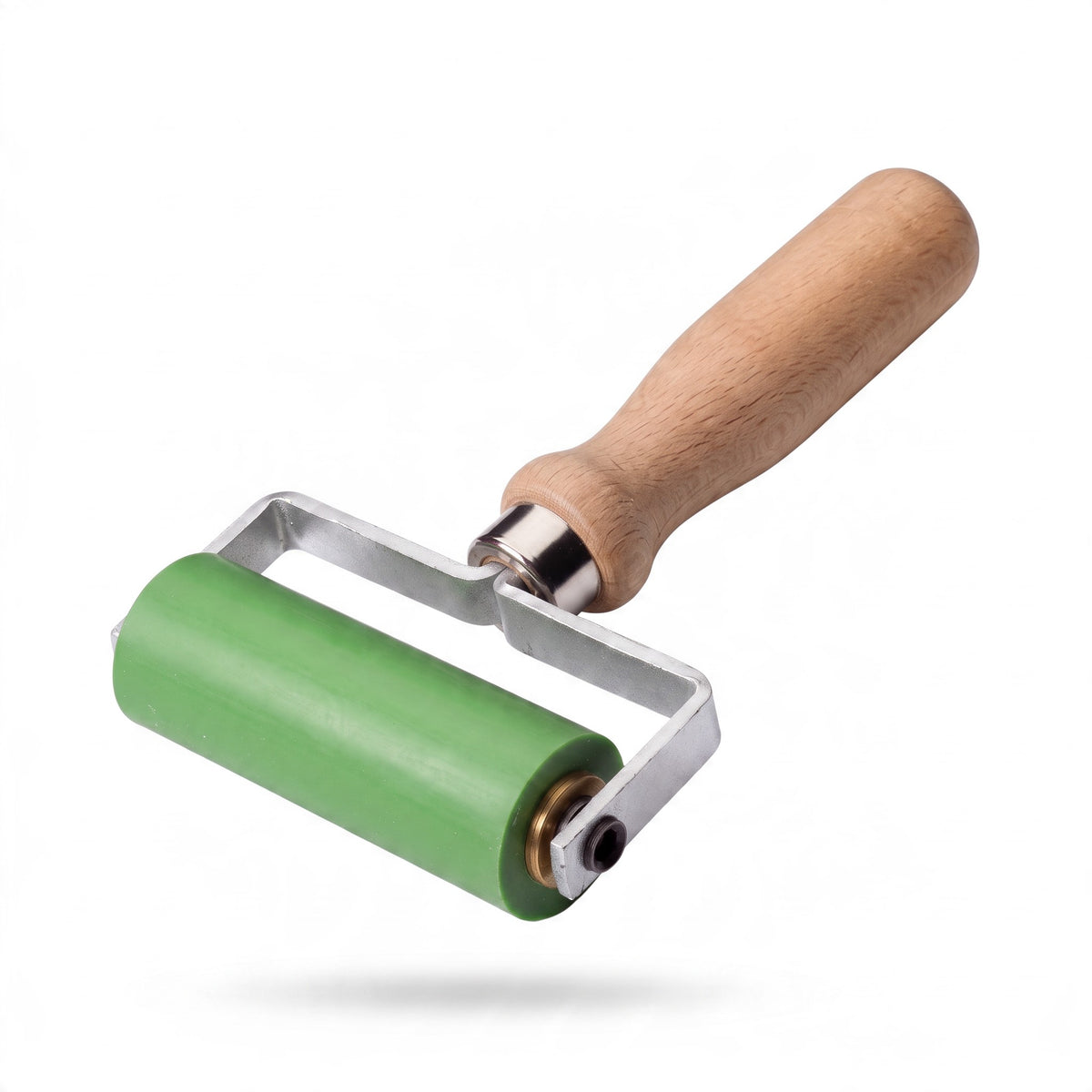 FREUND - Silikon-Andrückrolle 90 mm mit Holzgriff und grünem Silikonwalzenkopf.