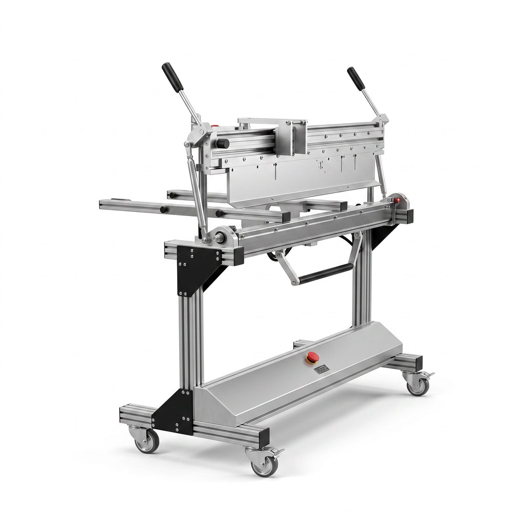 Roofify DRÄCO K1-AGNU-4 segmented metal folding machine with depth stop and mobile stand for professional roofing work