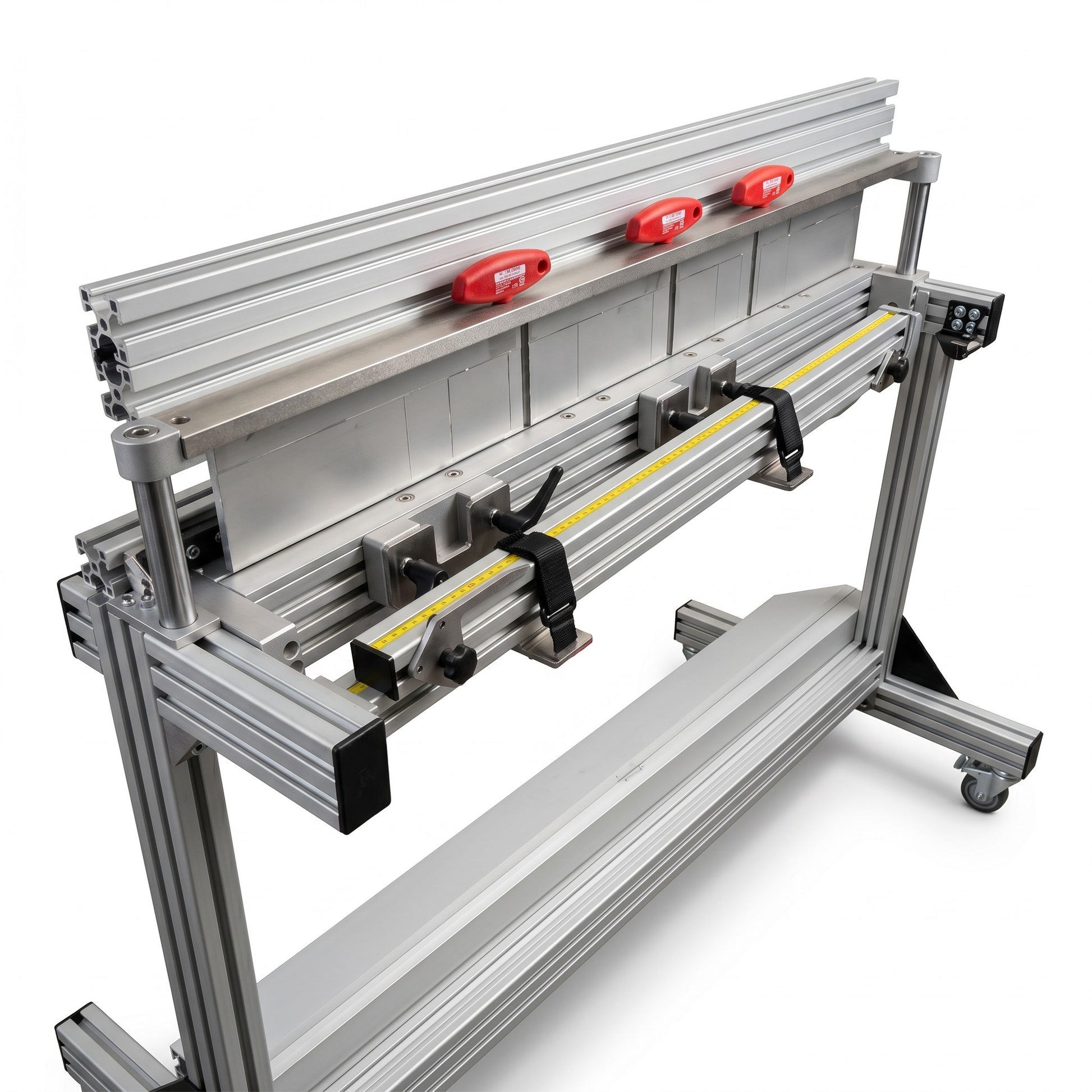 Roofify DRÄCO K1-AGNU-4 segmented metal folding machine with adjustable depth stop and red handles on a mobile stand.