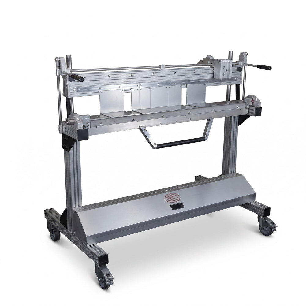 Roofify DRÄCO K1-AGNU-4 segmented metal folding machine with adjustable depth stop on a mobile stand for roofing work