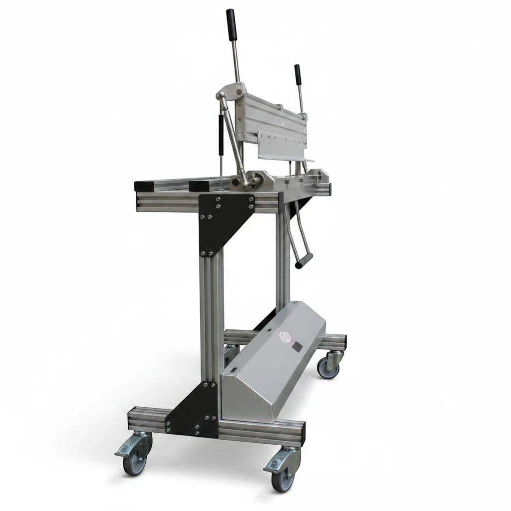 Roofify DRÄCO segmented folding machine with mobile stand and accessory box for professional metal roofing work
