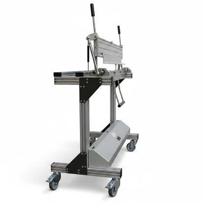 Roofify DRÄCO segmented folding machine with mobile stand and accessory box for professional metal roofing work