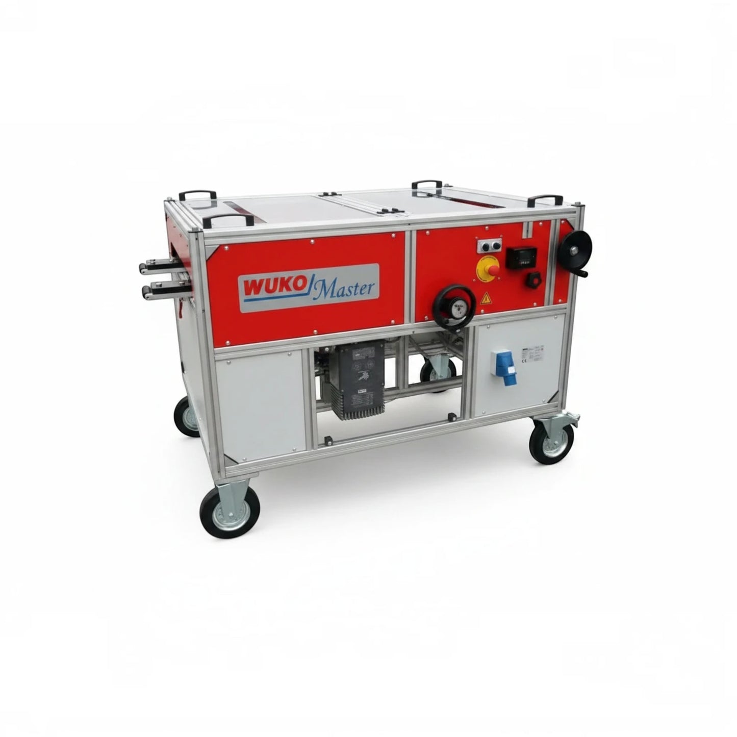 Roofify WUKO Master 0420 industrial profiling machine for metal roofing with red panels and mobile wheel chassis.