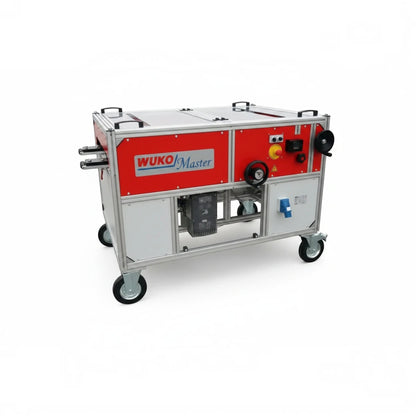 Roofify WUKO Master 0420 industrial profiling machine for metal roofing with red panels and mobile wheel chassis.